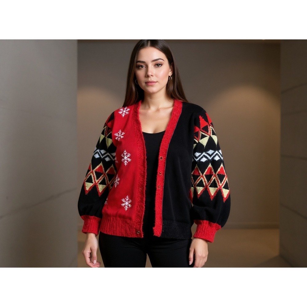 Holiday Charades Women's 1X Cardigan Sweater Red Black Christmas‎ Snowflake